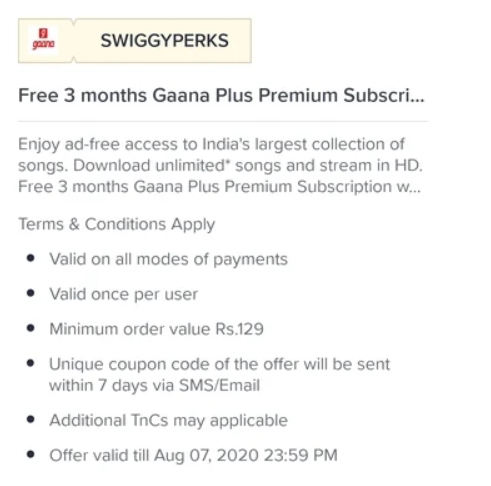 Free Gaana Plus Subscription Swiggy