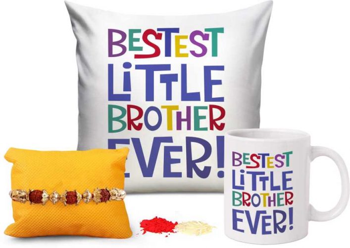 Designer Cushion, Chawal Roli Pack, Rakhi, Mug Set  (1 Rakshabandhan Special Cushion Cover(12 inch X 12 inch) with Filler, 1 Rudraksh Rakhi, 1 Coffee Mug, Roli Chawal)
