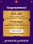 Reliance Cadbury Offer – Upto 100% Off Coupon On Cadbury Dairy Milk